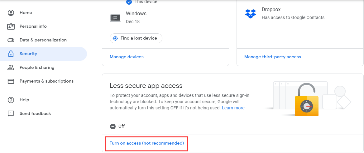 turn on the access of Google Gmail